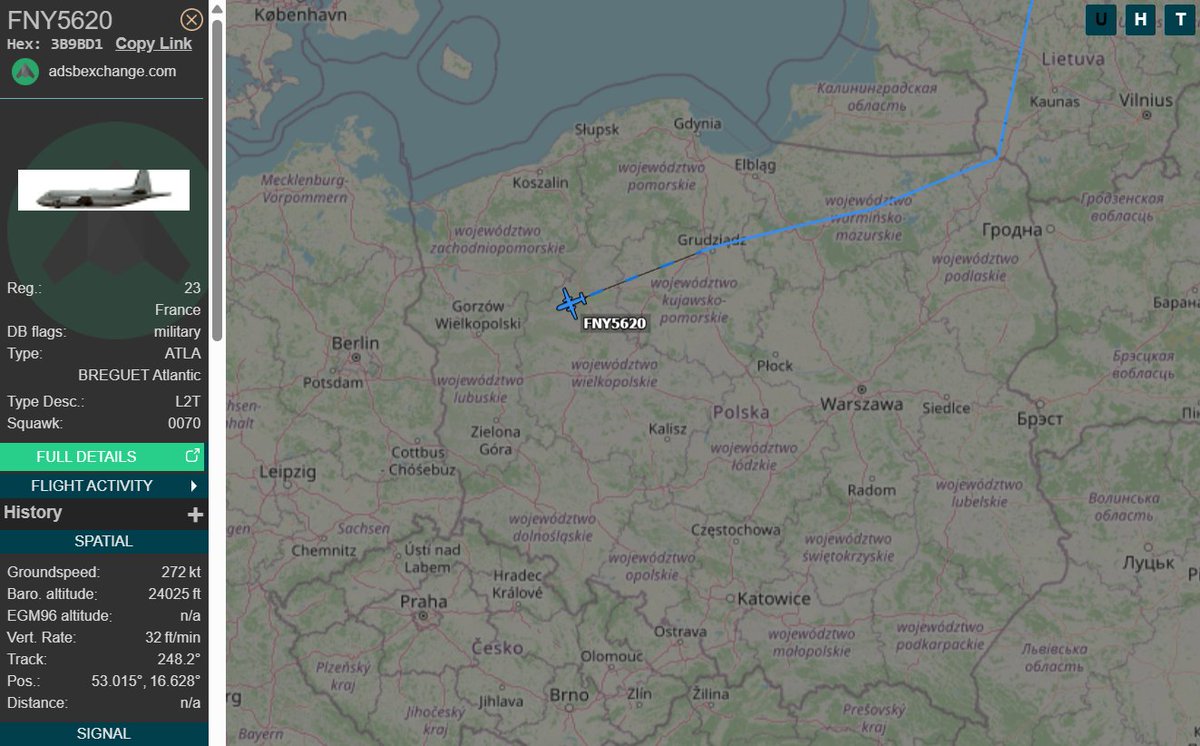 PolishMilRadar's tweet photo. 📅05.02🕒18:58LT- 🇫🇷✈️ francuski Breguet nad Polską
🇫🇷 Marynarka wojenna Francji
✈️Breguet 1150 Atlantic | REG: 23
🛫Port lotniczy Ryga #EVRA | Łotwa 🇱🇻
🛬Port lotniczy Lorient #LFRH | Francja 🇫🇷
#FNY5620 leci na wysokości FL240/ 7308 metrów.
🔗https://t.co/uR9e8fGSDf
#POLMILRADAR