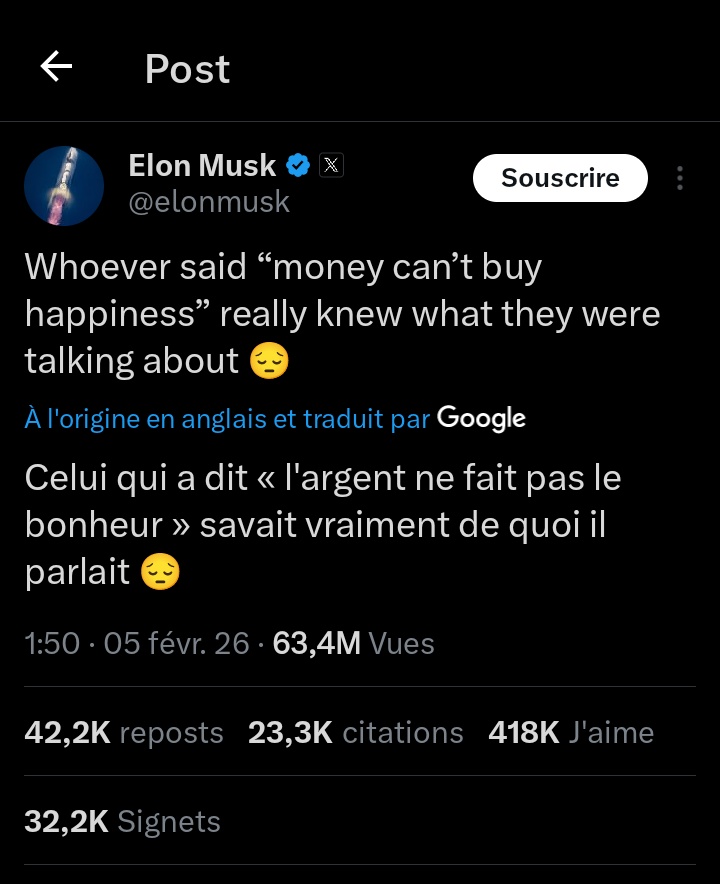 Elon Musk a posté cette nuit sur son compte X:

« Celui qui a dit « l'argent ne fait pas le bonheur » savait vraiment de quoi il parlait »

Elon Musk est devenu la première personne au monde à atteindre une FORTUNE de 800 MILLIARDS DE DOLLARS après l’acquisition de xAI par SpaceX