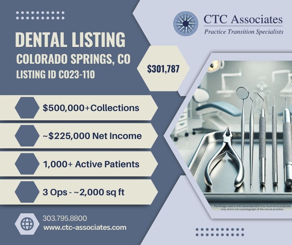 ctc_associates's tweet image. General dental practice for sale in Colorado Springs, CO.  
 
For more information on listing CO23-110, a buyer’s application and signed non-disclosure agreement must be completed: ctc-associates.com/buyers-applica…. 
 
#coloradodentalpracticeforsale #dentalpracticeforsale
