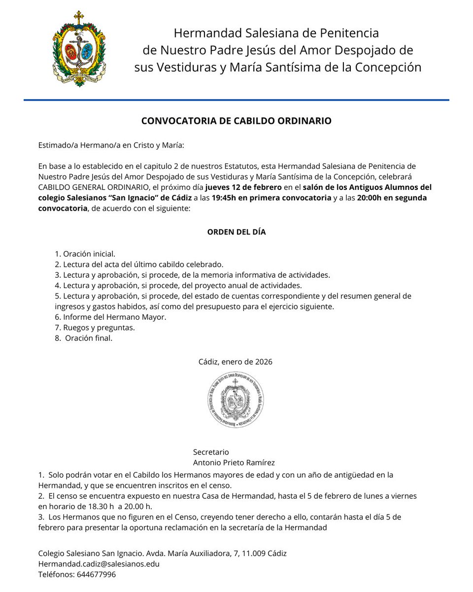 COMUNICADO OFICIAL |

En vista de las previsiones metereológicas para mañana, la Junta de Gobierno ha decidido posponer el Cabildo General Ordinario previsto para mañana. Tendrá lugar:

🗓️ Jueves 12.
🕗19:45 h. en primera convocatoria y 20.00 h en segunda convocatoria.