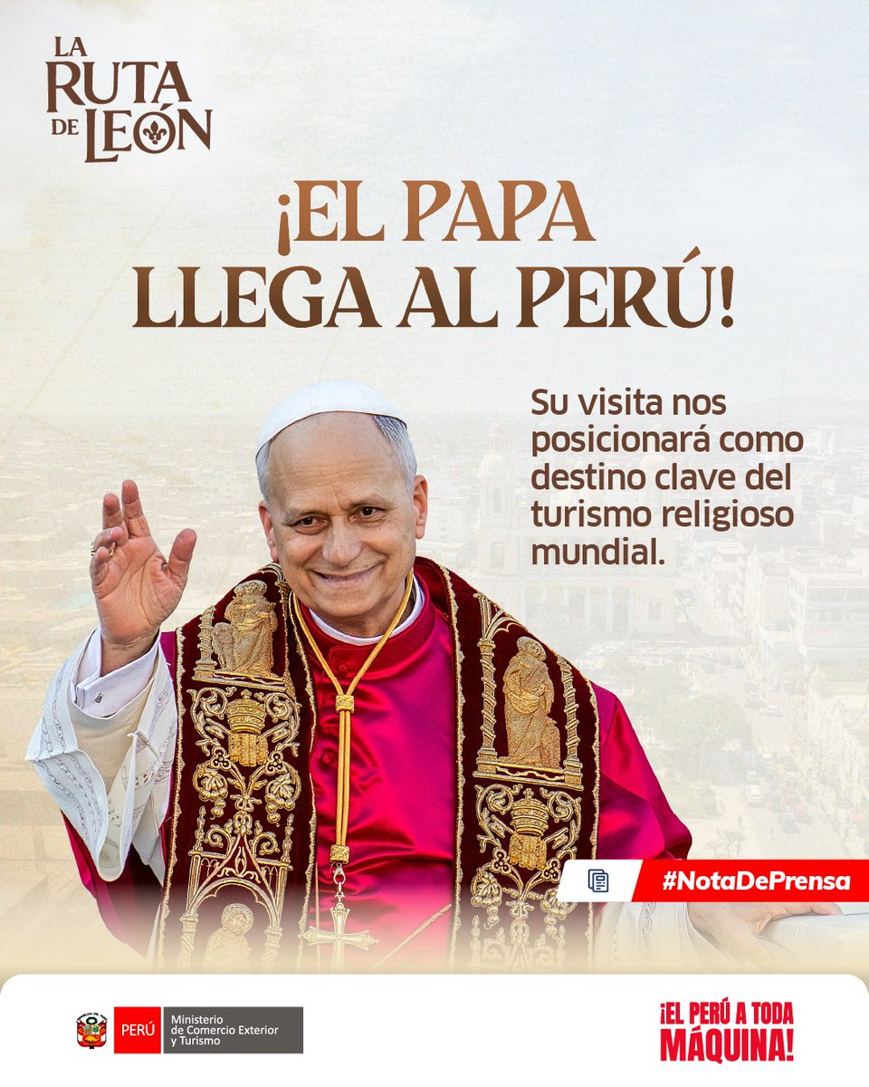 MINCETUR's tweet photo. 🙏🇵🇪 ¡El Perú se prepara para un momento histórico lleno de fe!
La próxima visita del papa León XIV, prevista para los últimos meses del año, llenará de esperanza y fe a millones de peruanas y peruanos.

📰 Nota de prensa:
https://t.co/K1ptiwnAn5 https://t.co/6Rg1CWUcc5