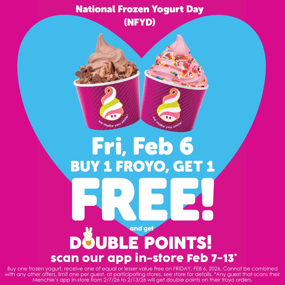 MyMenchies's tweet photo. HAPPY National Frozen Yogurt Day!!! Celebrate at Menchie’s with Buy One Froyo, Get One FREE froyo all day long! 🍦🍦 Who are you bringing today?! Tag ‘em below!
#BOGO #NationalFrozenYogurtDay #froyo #NFYD https://t.co/VUqrL4inFn