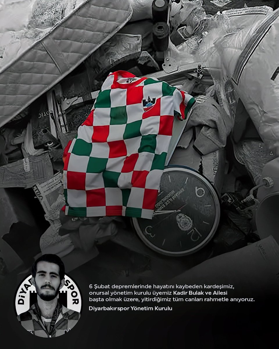 diyarbakirspork's tweet photo. 6 Şubat depremlerinde hayatını kaybeden kardeşimiz, onursal yönetim kurulu üyemiz Kadir Bulak ve Ailesi başta olmak üzere, yitirdiğimiz tüm canları rahmetle anıyoruz.
Diyarbakırspor Yönetim Kurulu

#6subat #6subatdepremi #diyarbakirspor https://t.co/eRJ0wXYf9o