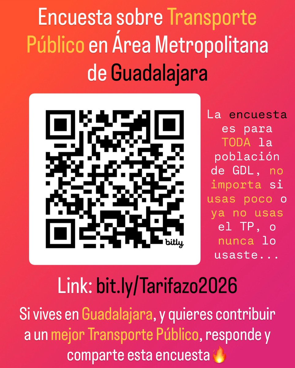 🚨No dejemos de hablar del #Tarifazo en Jalisco. ¿Nos ayudan a compartir? 🚨

Estamos recabando información sobre cómo se vive realmente el transporte público en el Área Metropolitana de Guadalajara:  bit.ly/Tarifazo2026

La encuesta incluye preguntas sobre tiempos de espera,