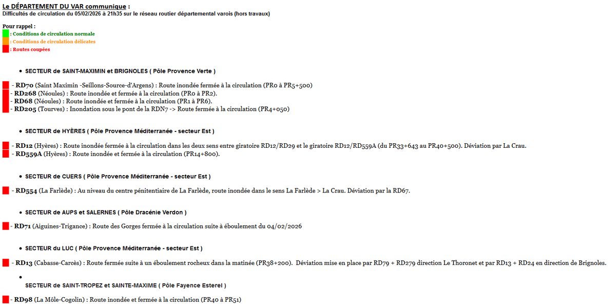 #METEO83 | 🔴Point de situation à 21h30 sur les routes  du département du #Var coupées à la circulation⤵️