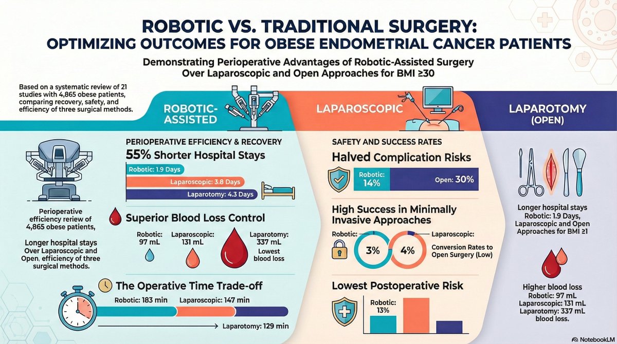 Our meta-analysis shows that in obese patients with endometrial cancer, robotic surgery is associated with shorter hospital stay and fewer postoperative complications than open surgery, with comparable conversion rates to laparoscopy.
link.springer.com/article/10.100…