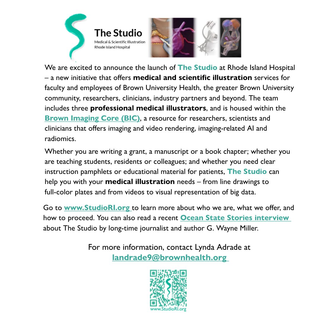 practicemarcomm's tweet photo. Now Launching: The Studio: We’re excited to launch The Studio, a medical &amp; scientific illustration resource supporting faculty, researchers, &amp; clinicians at @RIHospital, @BrownUniversityHealth, Brown-affiliated institutions &amp; beyond.
https://t.co/j6cU3uiAqn https://t.co/DAzaAo747D