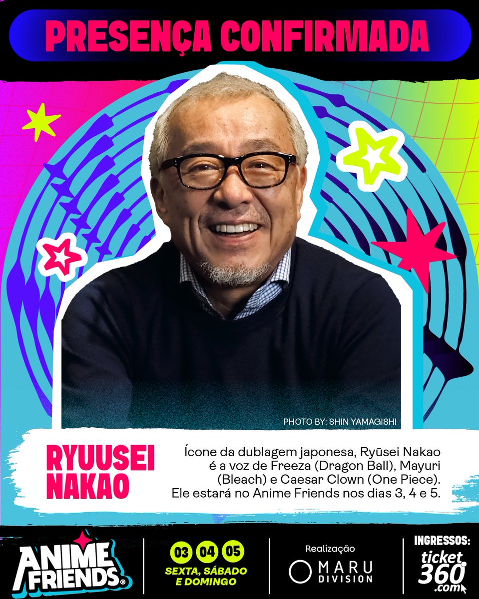 Uma voz pronta pra atravessar o portal… E invadir infinitos mundos.

Anime Friends 2026 anuncia Ryusei Nakao, um dos dubladores mais icônicos do Japão, pro evento mais extravagante de todos.

Anúncio na data certa: 5 de fevereiro, aniversário dele, pra celebrar mais de 70 anos