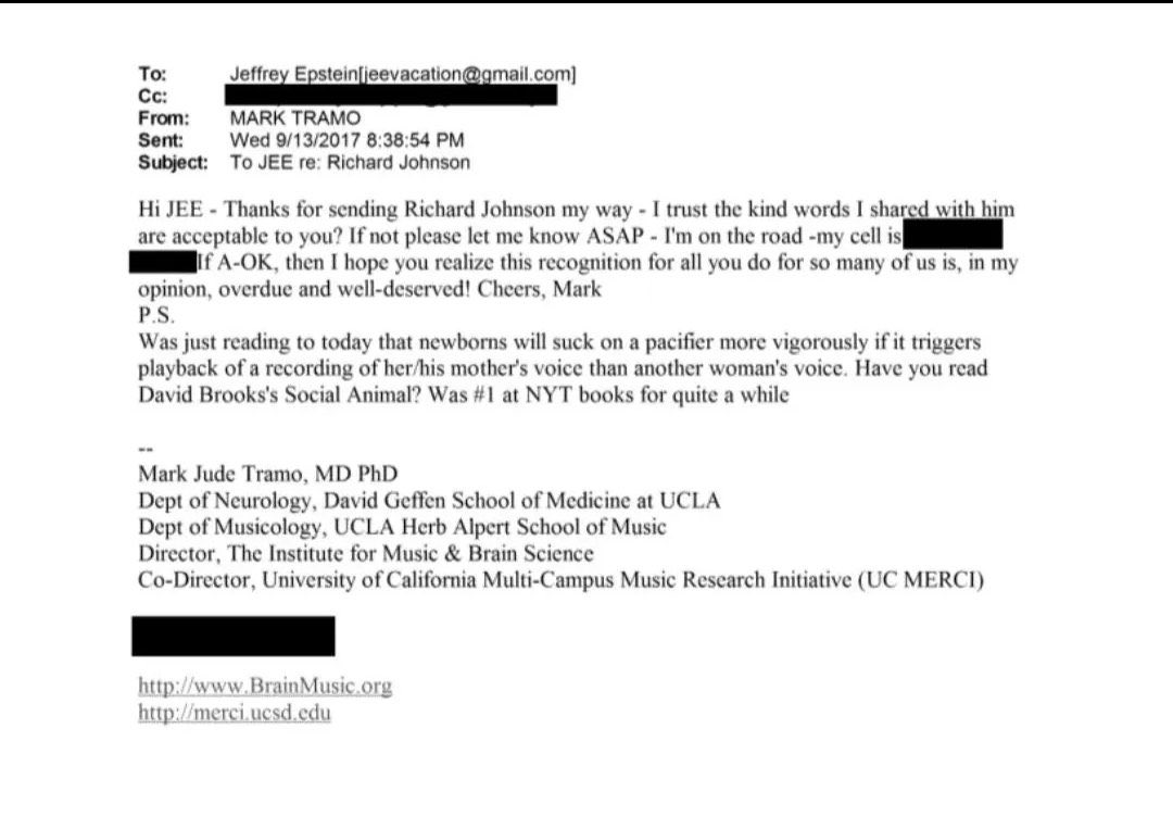 HEAVY TW: pedophilia, child abuse

Mark Tramo is a pedophile. He gave advice to Jeffery Epstein on how to abuse babies. 
He told him that playing a recording of their mothers voice would cause newborns to suck more "vigorously"

He deserves to DIE.