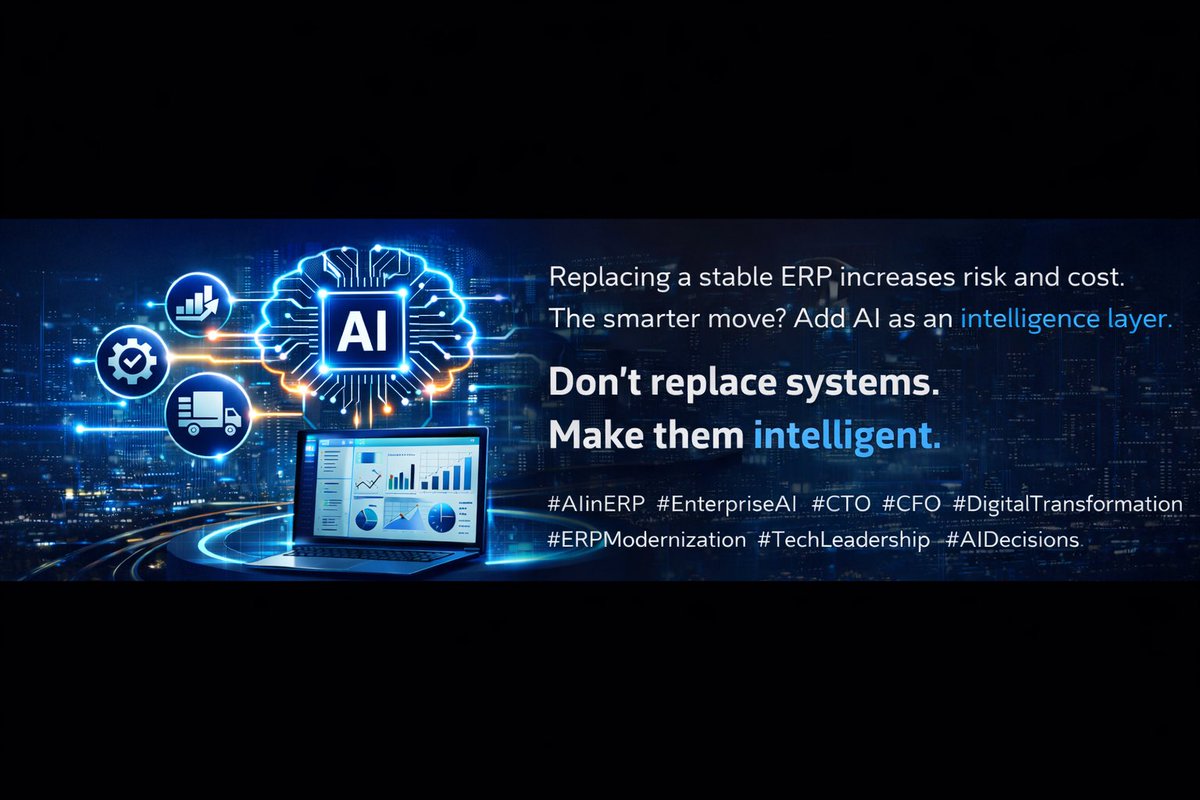 jaypal23's tweet photo. AI in ERP isn’t a tech trend for CTOs &amp; CFOs.
 It’s a capital efficiency decision.
Replacing a stable ERP increases risk and cost.
 The smarter move? Add AI as an intelligence layer.

Don’t replace systems. Make them intelligent.

#AIinERP #EnterpriseAI #CTO #CFO https://t.co/ECpPBb8Jsb