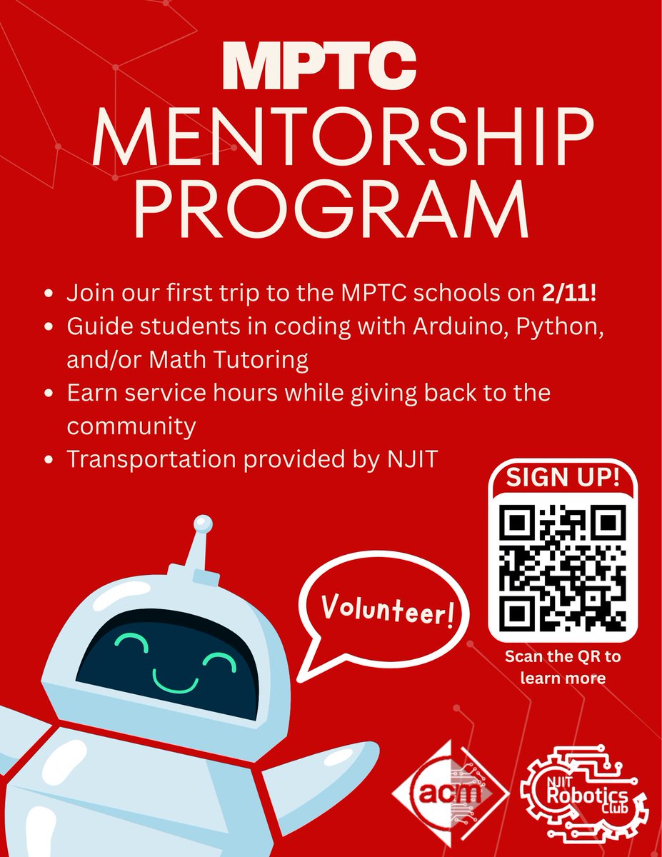 We are partnering with the lovely people over at njit robotics to bring you the MPTC mentorship program! For more information and to sign up, you can join the robotics club discord by going to njit.gg/robotics or following the QR code. We hope to see you there :)