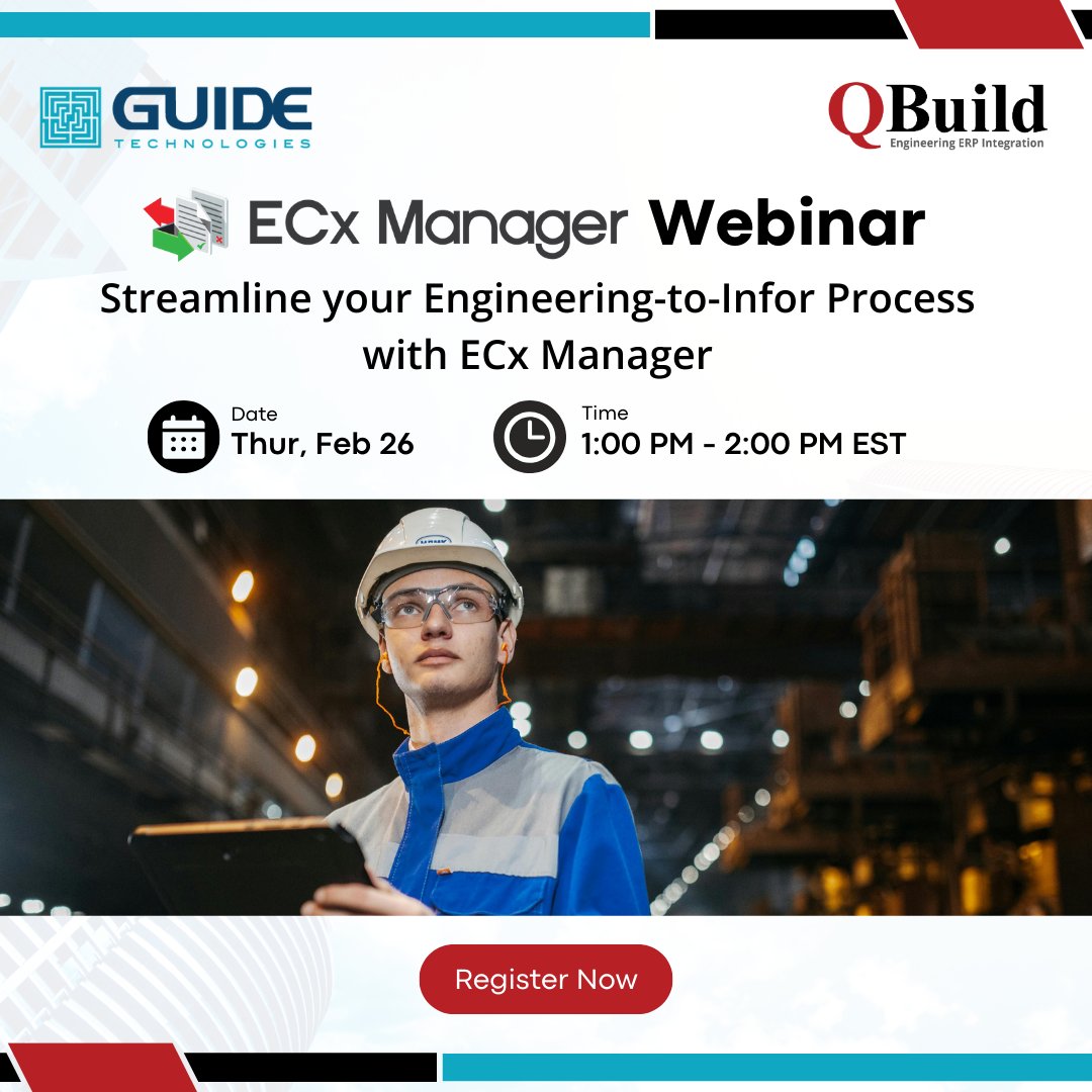 GuideTechSvc's tweet image. Guide Technologies is excited to partner with QBuild Software for a live webinar on streamlining Engineering-to-Infor ERP processes using #ECxManager.

👉 Register today
bit.ly/3McJHRA

#GuideTechnologies #QBuildSoftware
#Infor #ERPIntegration #ManufacturingWebinar