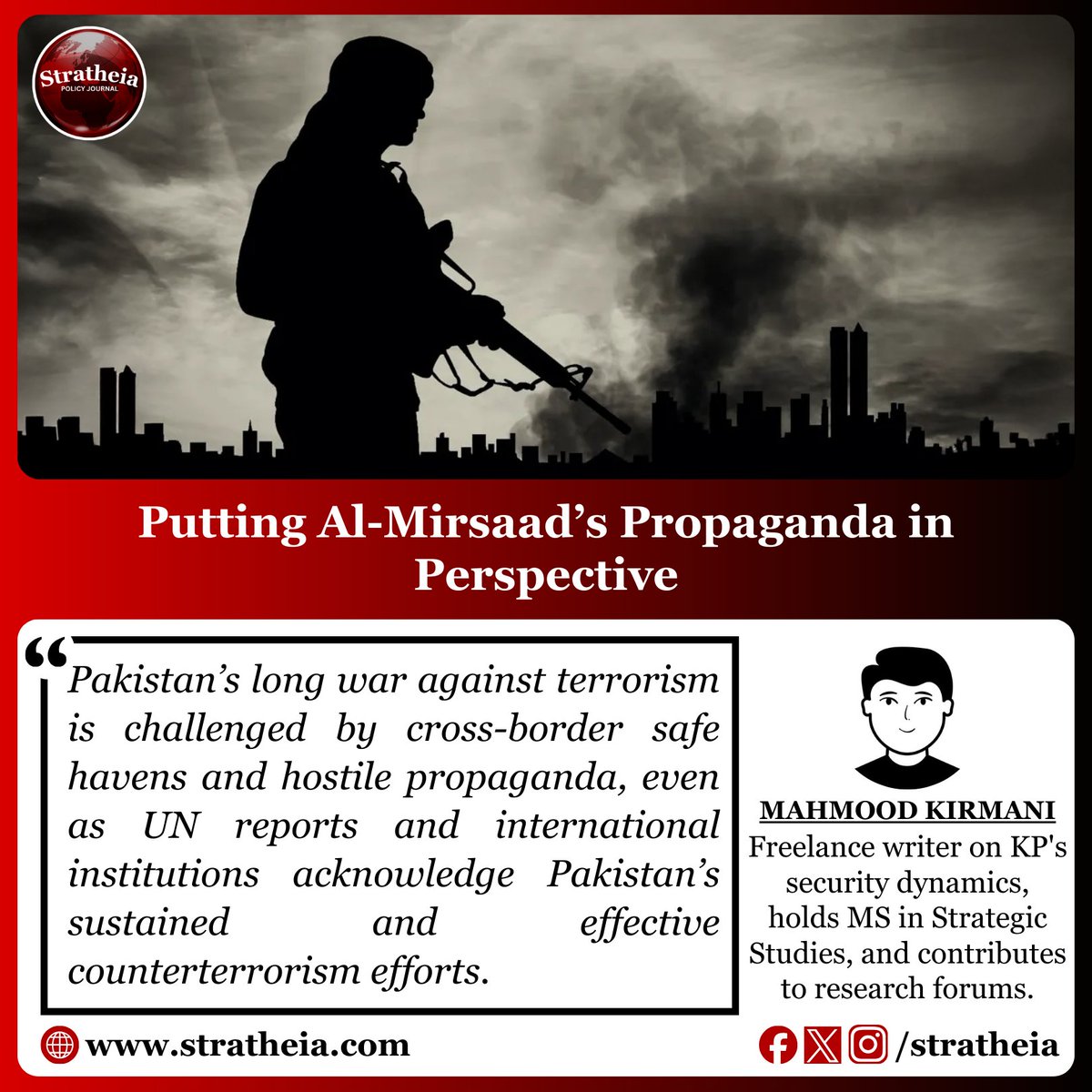 stratheia's tweet image. Pakistan’s war on terror has been costly, sustained, and selective—yet its achievements are often obscured by hostile propaganda. 
#CounterTerrorism #PakistanSecurity #WarOnTerror
Read Full Article: stratheia.com/putting-al-mir…