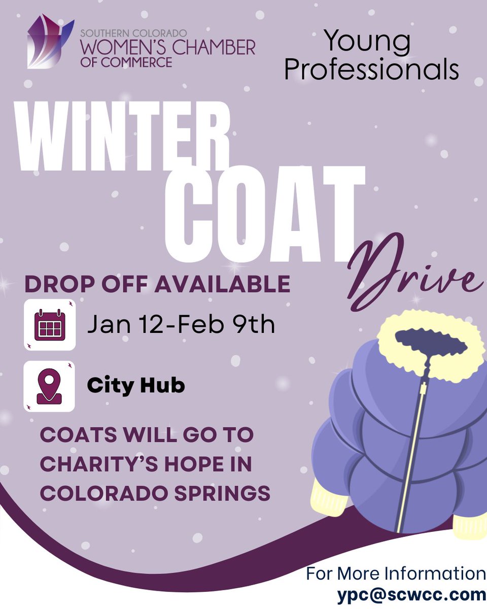 SCWCC's tweet image. Our Young Professionals’ Coat Drive wraps up on February 9th. There’s still time to donate new or gently used coats at COS CityHub, or hand them to YP committee members at February First Friday!

#SCWCC #YoungProfessionals #CommunityGiveback
