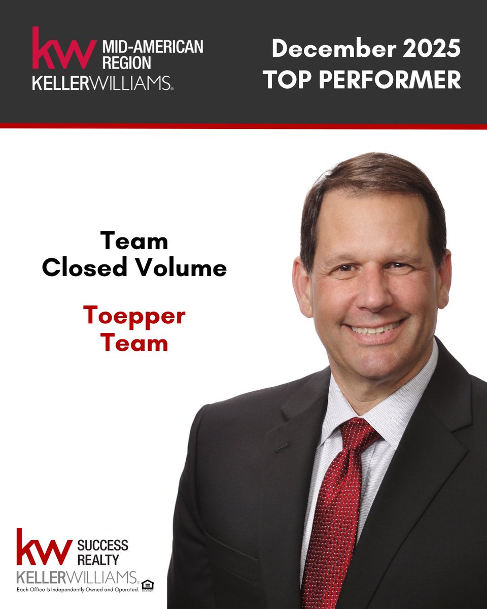 KWSuccessRealty's tweet photo. Congratulations to the Toepper Team on being named a Top Performer in Team Closed Volume from the Mid-American Region in December 2025! https://t.co/OuuMb4kulG