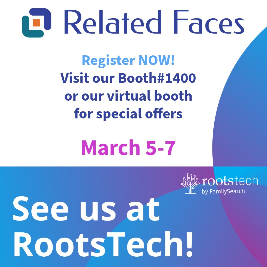 RelatedFaces's tweet photo. Rootstech is just a month away and we are looking forward to seeing everyone there! We will be making a very special announcement as well as giving away special deals and swag! Please join us! #Rootstech #RelatedFaces #genealogy https://t.co/I8YU4WXxVw