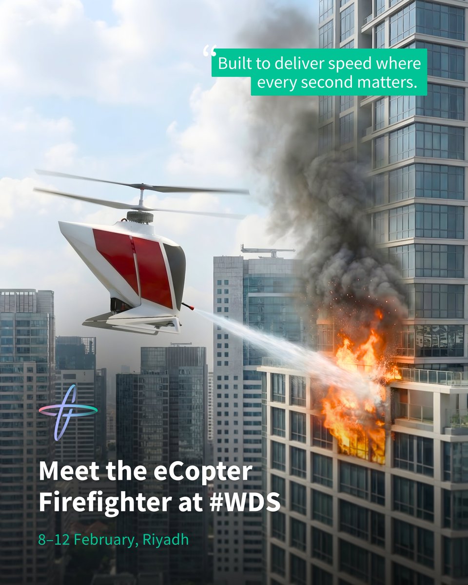 FlyNow_Aviation's tweet photo. The eCopter is landing at #WDS2026! 🇸🇦

We’re excited to showcase the eCopter Firefighter for the very first time at the World Defense Show on February 8–12 in Riyadh.

📍 Meet us there to explore the future of aerial emergency response — made in Saudi Arabia. https://t.co/qDsGjz5Hhr