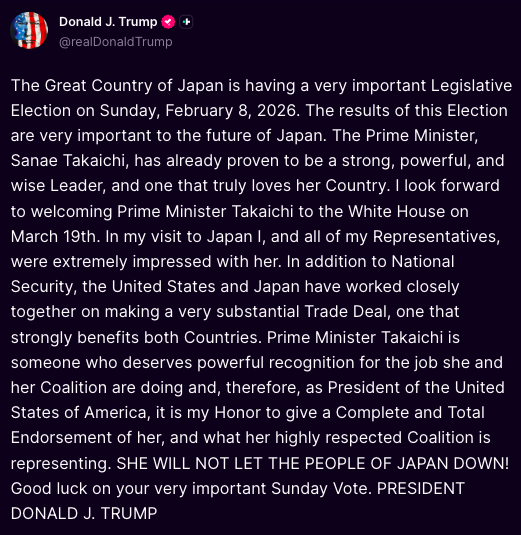KobeissiLetter's tweet photo. BREAKING: President Trump endorses Japan's Prime Minister Sanae Takaichi ahead of Sunday's election. https://t.co/nDTBAMPOAA