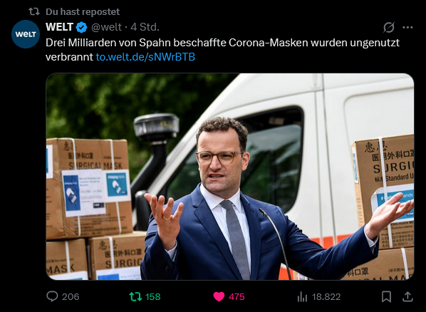 GrafZahn1's tweet photo. 3 Milliarde #SpahnMasken verbrannt?
Waren das die für 4-5€ oder die für über 6€?
#SpahnUntersuchungsausschuss
Und #Weimer macht Milliarden für Medien locker?
#WeimerMediaCoup https://t.co/gEgGd8RLGL