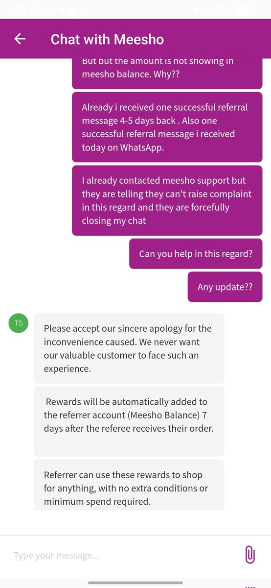 subhamb27732249's tweet photo. @meesho_support I contacted meesho chart support regarding refer and earn scheme of meesho. I had received whatsapp message as seen in this post of successful referral. But my meesho balance is showing zero. No one helps from meesho support. Although 6 days has been passed from receiving the msg https://t.co/zwBdTNPxXO