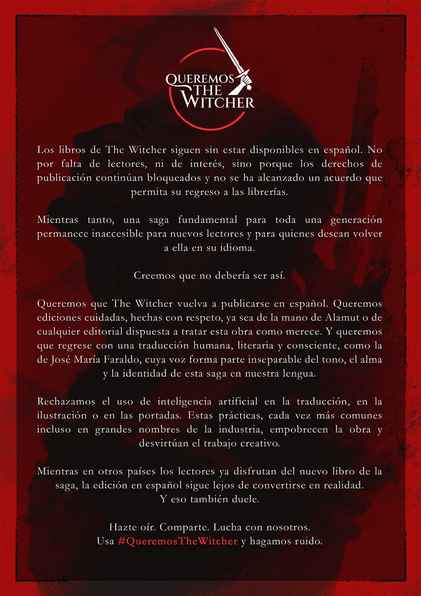 Es increíble que los libros de The Witcher estén en esta situación. Movamos esto para que el bloqueo de los derechos cambie y podamos volver a tener disponible esta maravillosa saga.

#QueremosTheWitcher