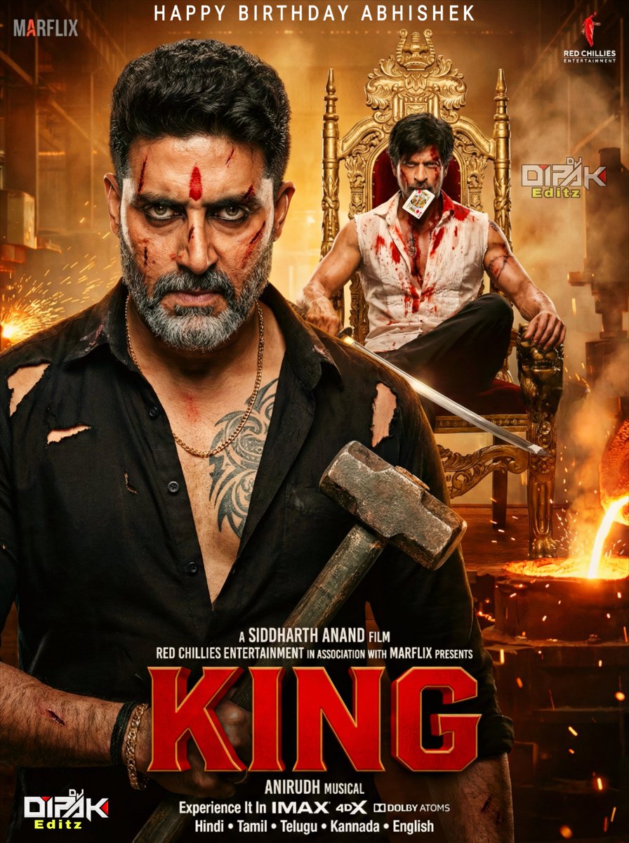 djsrkdipak's tweet photo. Witness the ultimate clash between the Hero and the Villain —  the screen is about to explode! 💥🔥 
This one looks unstoppable! 💀 Happy Birthday to the man #AbhishekBachchan bringing the heat as the ultimate antagonist in #KING. Let the games begin!" 👑🔨🩸

#ShahRukhKhan #SRK https://t.co/GQkxOBvsrk