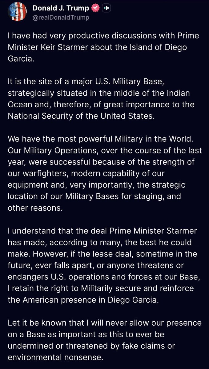 Benleo's tweet photo. NEW: Trump suggests Chagos giveaway is done 

Unbelievable that one of Starmer’s last acts as Prime Minister will be the treacherous giveaway of British territory - a move brokered by his lawyer mate on behalf of a foreign nation

A PM for the ages, for all the wrong reasons https://t.co/UsG1jLBWn9