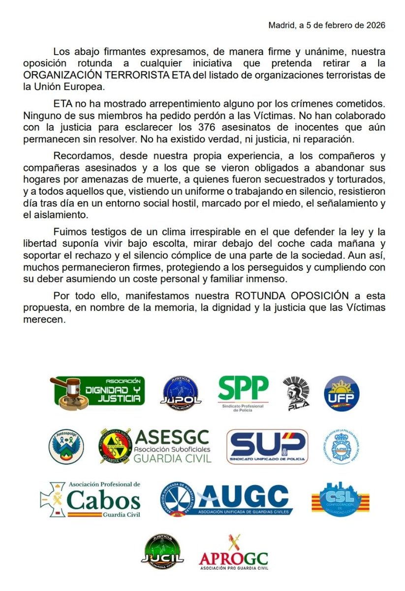 APROGC's tweet image. Nuestra oposición rotunda a cualquier iniciativa que pretenda retirar a la ORGANIZACIÓN TERRORISTA ETA del listado de organizaciones terroristas de la Unión Europea.

#TenemosMemoriaYRelato @AsociacinDigni2