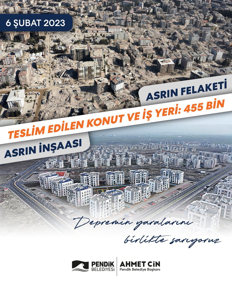 6 Şubat depremlerinde yitirdiğimiz canlarımızın acısını hala ilk günkü gibi yüreğimizde hissediyor, her birini rahmet ve dualarla yad ediyoruz. Mekanları cennet olsun. 

Bu derin acıyı dindirmek ve umudu yeniden yeşertmek için gece gündüz demeden çalıştık. Sayın Cumhurbaşkanımız