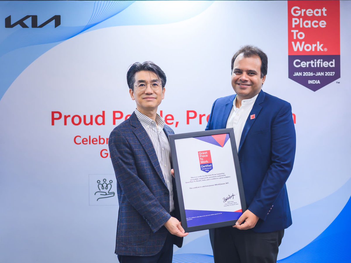 carblogindia's tweet photo. Back-to-back wins!  @KiaInd secures the Great Place To Work Certification for the second year in a row—becoming the only carmaker in India with this honour. 
#PeopleFirst #KiaIndia #GreatPlaceToWork https://t.co/fqr7jdV7ip