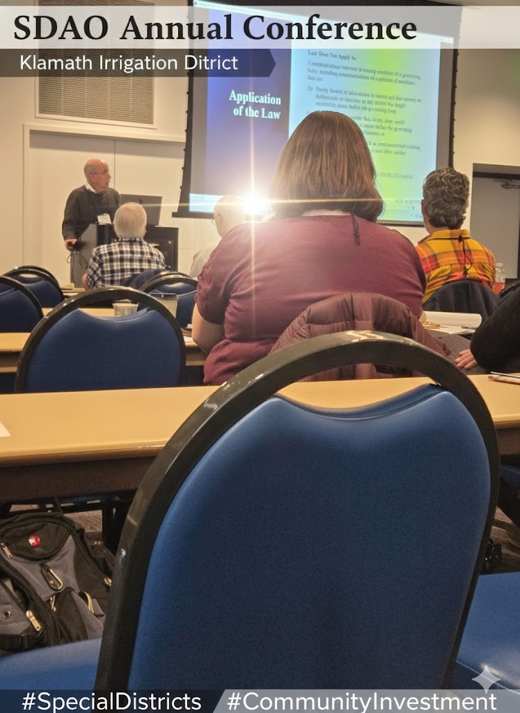 KlamathID's tweet photo. Today, the Klamath Irrigation District team is on-site at the Special Districts Association of Oregon (SDAO) Annual Conference.

We are currently diving deep into the "Application of the Law" to ensure our district remains at the forefront of regulatory compliance and effective governance. Continuous education is more than just professional development; it is a vital investment in the stability and future of our entire community’s water management.

Proud to learn alongside Oregon’s dedicated public service leaders!

#SDAO2026 #KlamathIrrigation #PublicService #ProfessionalDevelopment #WaterLaw #OregonAgriculture