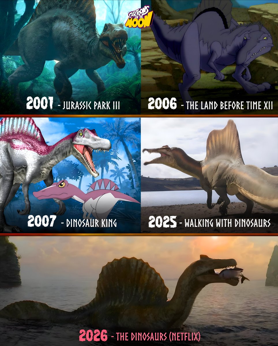 CartoonsOTMoon's tweet photo. La evolución del Spinosaurus en la paleomedia popular https://t.co/9fxPN7fWLx