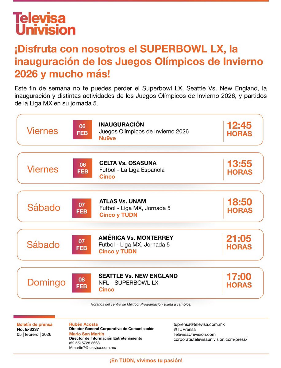 Este fin de semana en <a href="/TUDNMEX/">TUDN MEX</a>, no te puedes perder el Superbowl LX, Seattle Vs. New England, la inauguración y distintas actividades de los Juegos Olímpicos de Invierno 2026, y partidos de la Liga MX en su jornada 5.