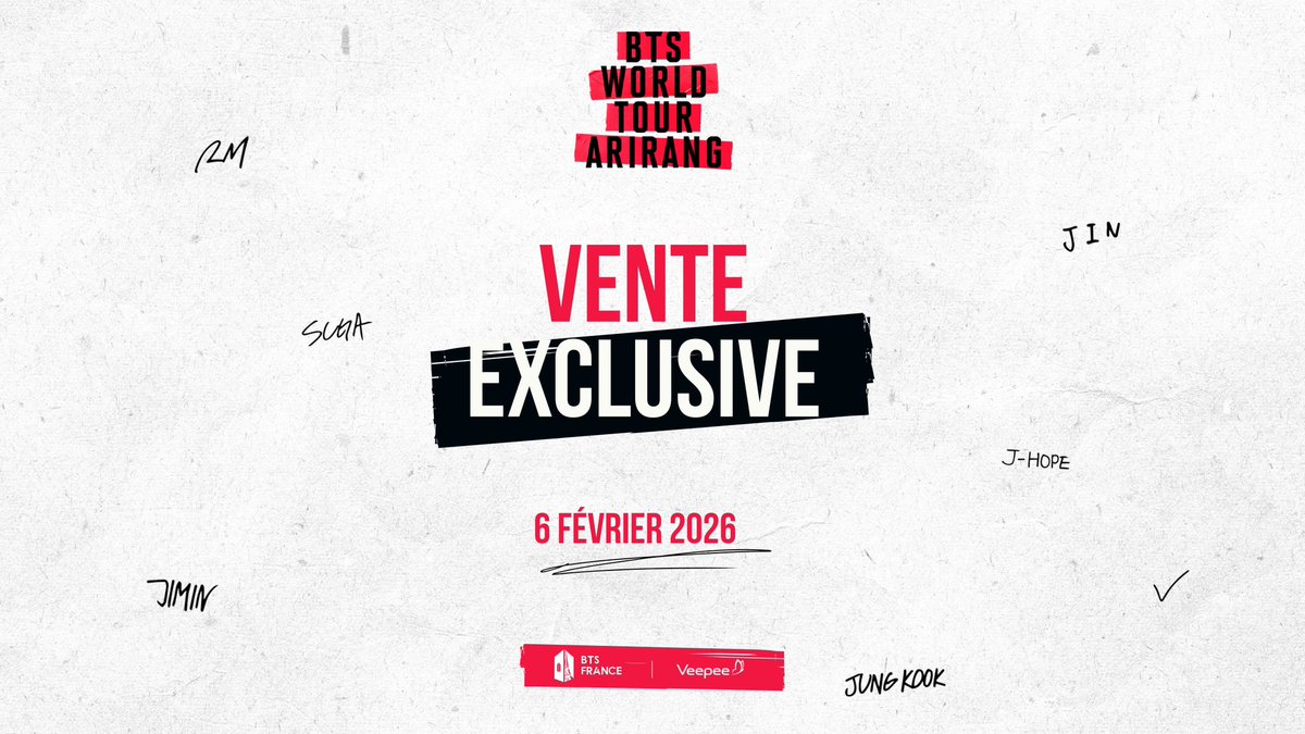 BTSFRANCE_'s tweet photo. CONCERT | ARIRANG TOUR • BF x Veepee

ARMY, 

Demain, @Veepee_Fr ouvrira une vente exclusive autour des concerts de BTS en Europe ! 

Si vous êtes intéressés, nous vous conseillons de créer votre compte Veepee dès aujourd’hui afin de pouvoir accéder rapidement à la vente dès son ouverture ✨

🗓️ Ouverture le 06/02 à 7h
🔗https://t.co/d4nqX4ULIZ

#BTS @BTS_twt
#BTS_ARIRANG #BTS_WORLDTOUR