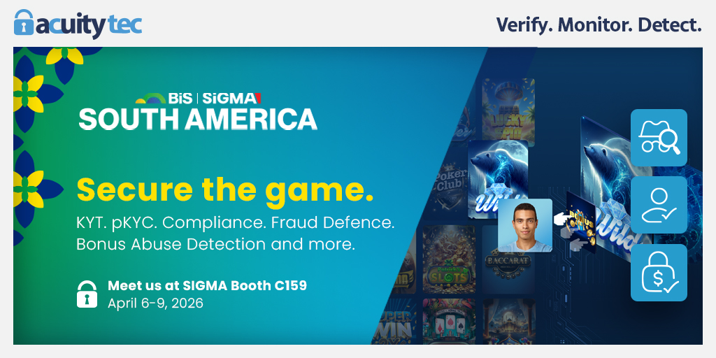 acuitytec's tweet photo. In LATAM iGaming, fraud doesn’t look like fraud. 

Bonus abuse, player networks &amp; compliance gaps demand smarter detection.  

Meet AcuityTec at SIGMA Americas 
Booth C159 | April 6–9 https://t.co/jg5bhtzLMw