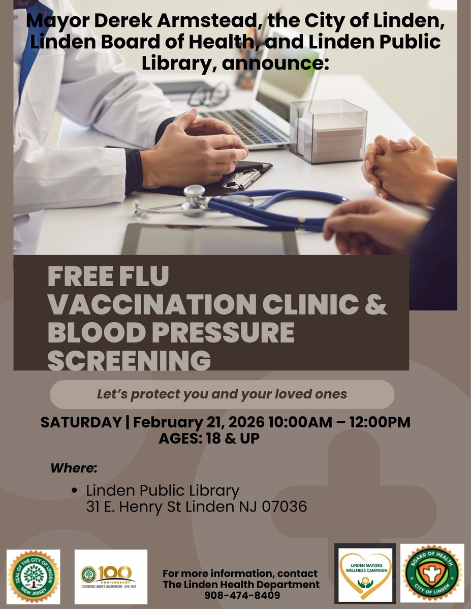 Linden_DoH's tweet photo. Mayor Derek Armstead, the City of Linden, the Linden Board of Health, and the Linden Public Library are pleased to announce a free flu vaccination clinic and blood pressure screening event.

Where: 31 E. Henry St
When: February 21, 2026
Time: 10:00 AM - 12:00 PM
Ages: 18 &amp; Up. https://t.co/2BucrMgA2e