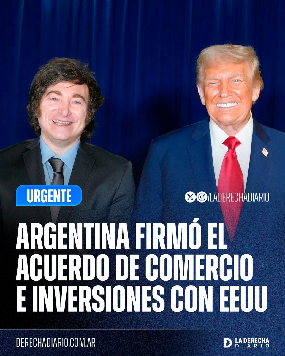 laderechadiario's tweet photo. 🇦🇷🇺🇸 | #URGENTE HISTÓRICO: Gracias a la alianza entre Milei y Trump, Argentina firmó un Acuerdo de Comercio e Inversión Recíproco con los Estados Unidos, la primera potencia mundial. https://t.co/8GUSSag9eZ
