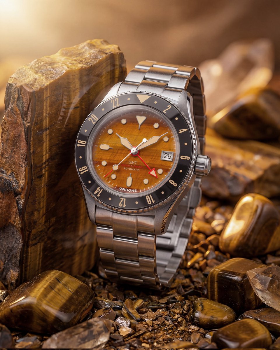 UndoneWatches's tweet photo. Time, set in stone.
Meet our first Tiger Eye GMT where natural stone meets mechanical travel time. 

Track a second time zone with the signature red GMT hand. 
Clean, versatile, and built for everyday wear.
Available in both Silver and Gold.
Join the list to be first. https://t.co/gA6p7NzQgM