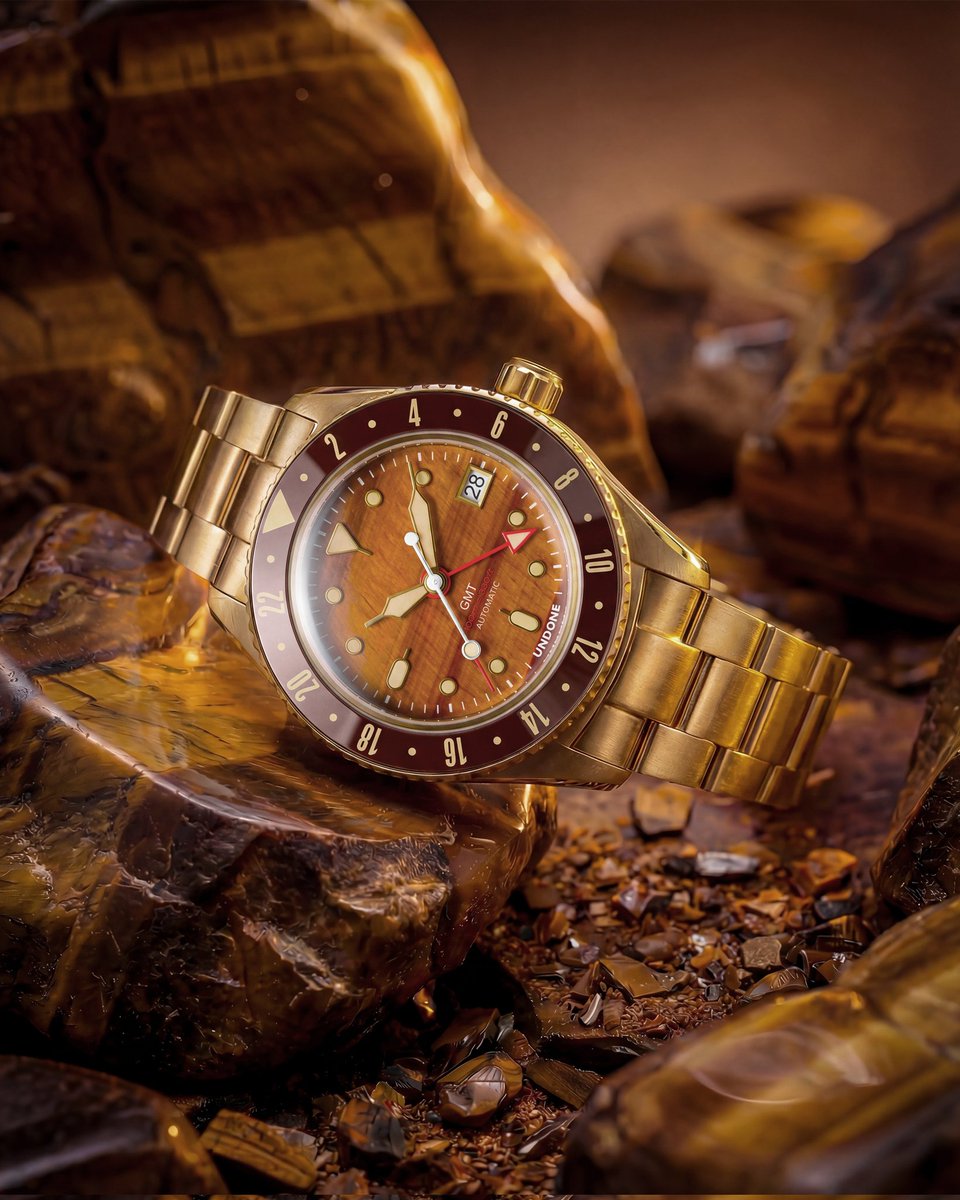 UndoneWatches's tweet photo. Time, set in stone.
Meet our first Tiger Eye GMT where natural stone meets mechanical travel time. 

Track a second time zone with the signature red GMT hand. 
Clean, versatile, and built for everyday wear.
Available in both Silver and Gold.
Join the list to be first. https://t.co/gA6p7NzQgM