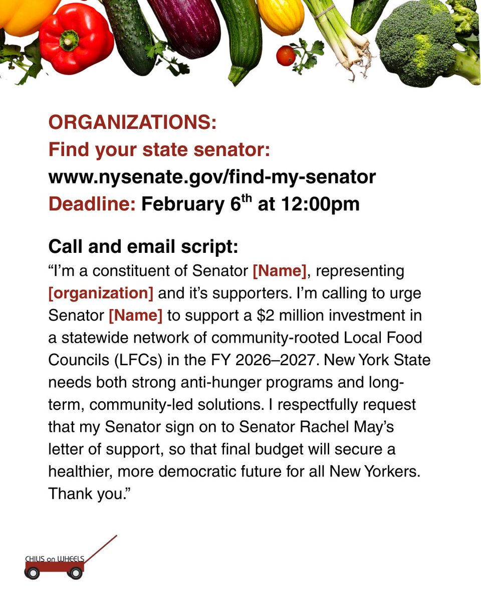 ChilisonWheels's tweet photo. 🌱INDIVIDUALS AND ORGANIZATIONS TAKE ACTION: Find your NY State Senator: https://t.co/lxwACOEsFf | Deadline: Feb 6 at 12 PM! #NewYork #FoodJustice #EndNYHunger #HungerFreeNY #FoodCouncils #Policy #NYState #FoodAccess #MutualAid #Community #ClimateJustice #NYCEats https://t.co/knxeTBhXYj