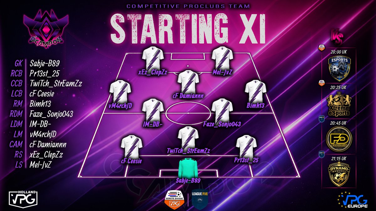 💜MATCHDAY VPG 02/05💜

Our line up for tonight!💜

One cup game &amp; 3 league games scheduled for tonight!⚽️

<a href="/VPG_Nederland/">VPG Nederland 🇳🇱</a> 
<a href="/OfficialVPG/">Virtual Pro Gaming</a> 

Follow it on: twitch.tv/ocamposesports