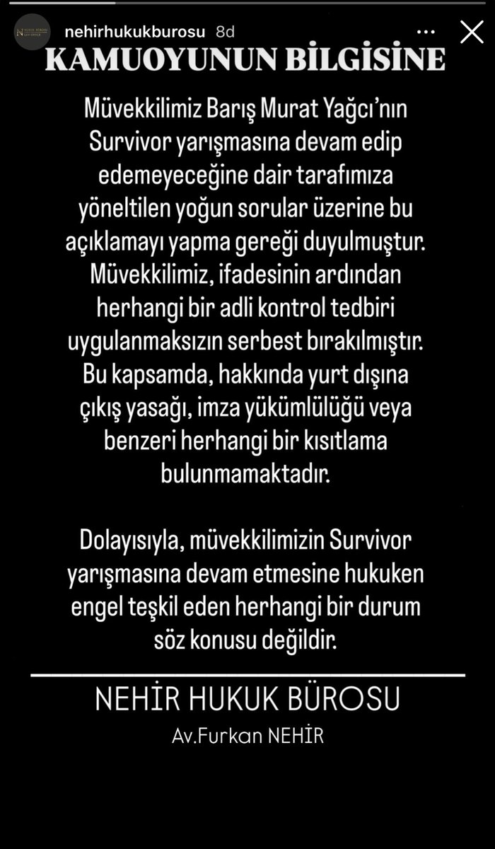 KAMUOYUNUN BİLGİSİNE

#Survivor2026 • #BarışMuratYağcı #Bmyfc 
<a href="/acunilicali/">Acun Ilıcalı</a>