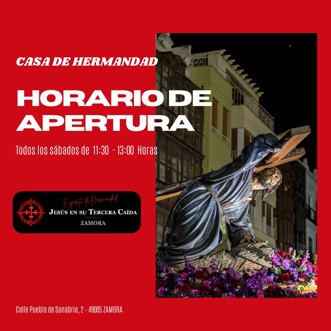 📢 Recuerda: la Casa de Hermandad está abierta todos los sábados de 11:30 a 13:00 h (C/ Puebla de Sanabria, 2).
🔹 Inscripciones
 🔹Consultas
 🔹Artículos de la Hermandad
¡Te esperamos!
#JesúsEnSuTerceraCaída #Zamora #Hermandad