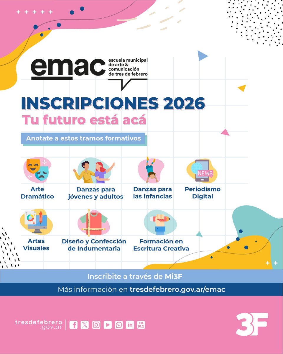 Municipalidad3F's tweet photo. 🤓📚 Si estas buscando un lugar donde estudiar lo que te apasiona cerca de casa, ¡las escuelas municipales de #3F son ideales para vos! La #EMAC y la #EMMU abren sus inscripciones 2026 con novedosas propuestas para que puedas formarte, expresarte y desarrollar tu talento. https://t.co/cWoVB7Xv7F