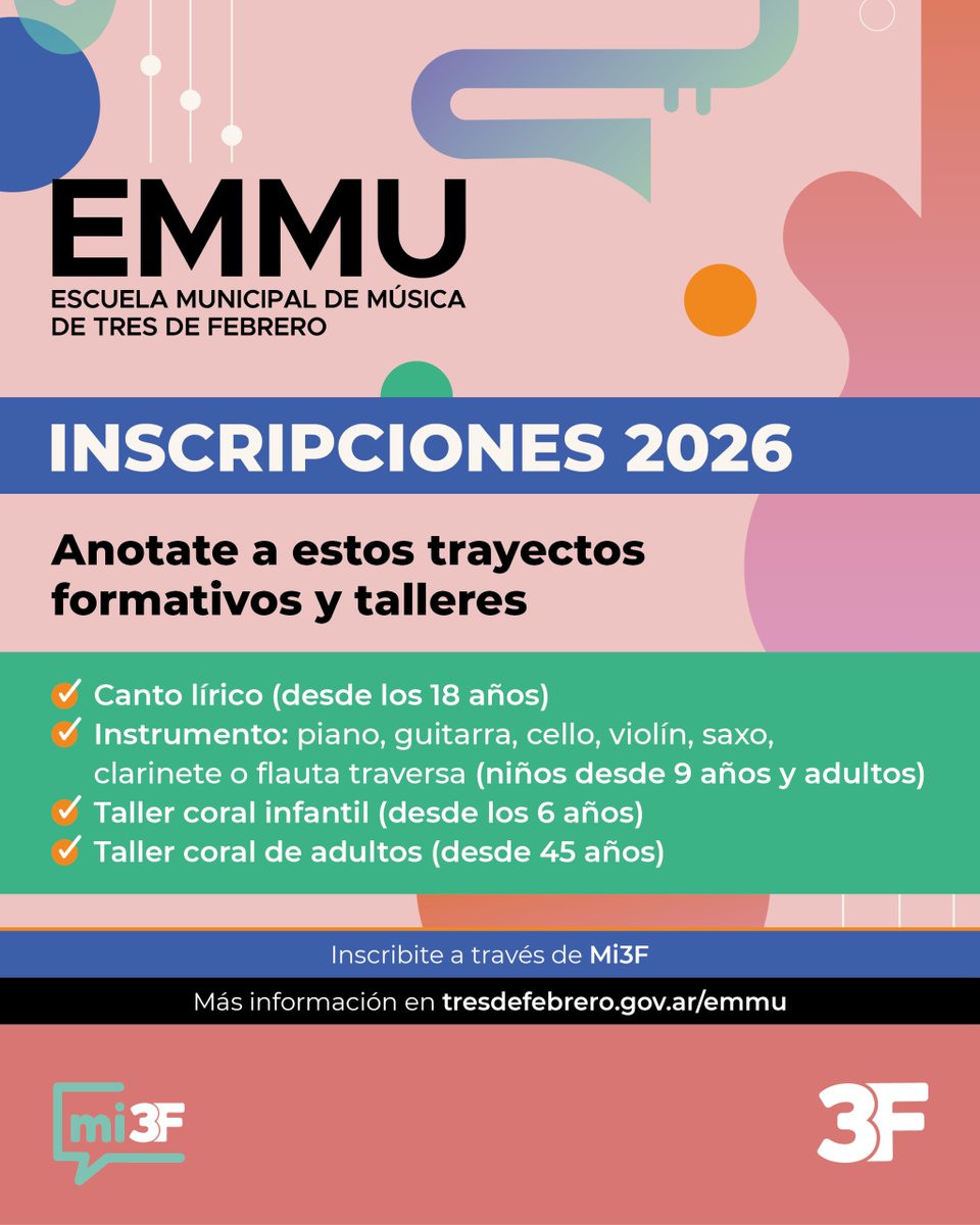 Municipalidad3F's tweet photo. 🤓📚 Si estas buscando un lugar donde estudiar lo que te apasiona cerca de casa, ¡las escuelas municipales de #3F son ideales para vos! La #EMAC y la #EMMU abren sus inscripciones 2026 con novedosas propuestas para que puedas formarte, expresarte y desarrollar tu talento. https://t.co/cWoVB7Xv7F