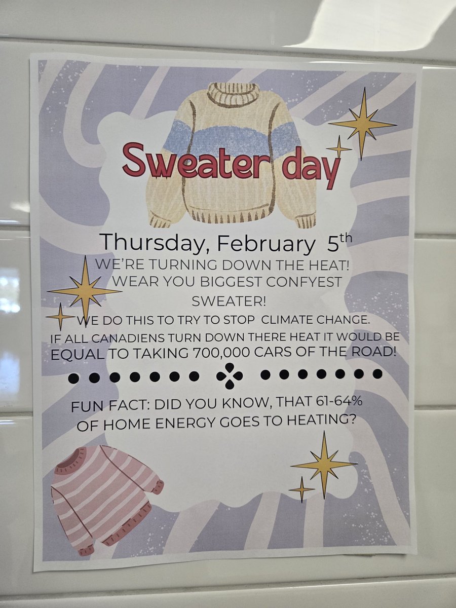 A big thank you to Ms. Cook's class for organizing National Sweater Day! They made informative videos explaining the importance of climate action and change! <a href="/EcoSchoolsCAN/">EcoSchools Canada</a> <a href="/BernadetteOCSB/">St Bernadette OCSB</a>