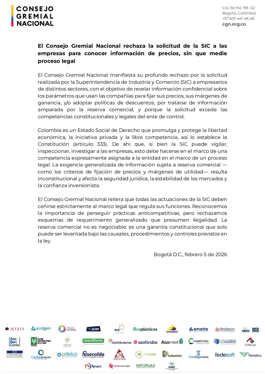 El Consejo Gremial Nacional rechaza la solicitud de la SIC a las empresas para conocer información de precios, sin que medie proceso legal