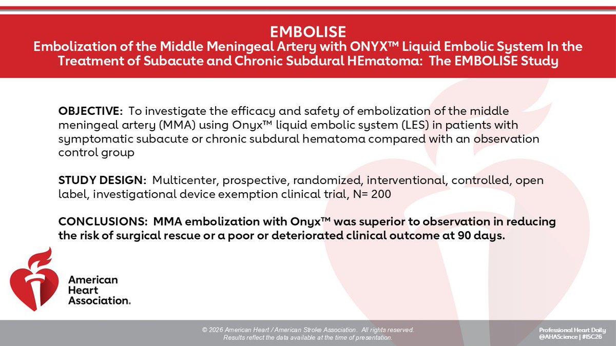 rwregen's tweet photo. #EMBOLISE 2 (non-surgical cohort) results presented at #ISC26 showing #MMA embolization with #Onyx is superior to observation in reducing the risk of surgical rescue or deteriorated clinical outcome! @AHAScience @StrokeAHA_ASA @svinsociety @SVINJournal @SNISinfo @JNIS_BMJ https://t.co/USBR9FLP1t