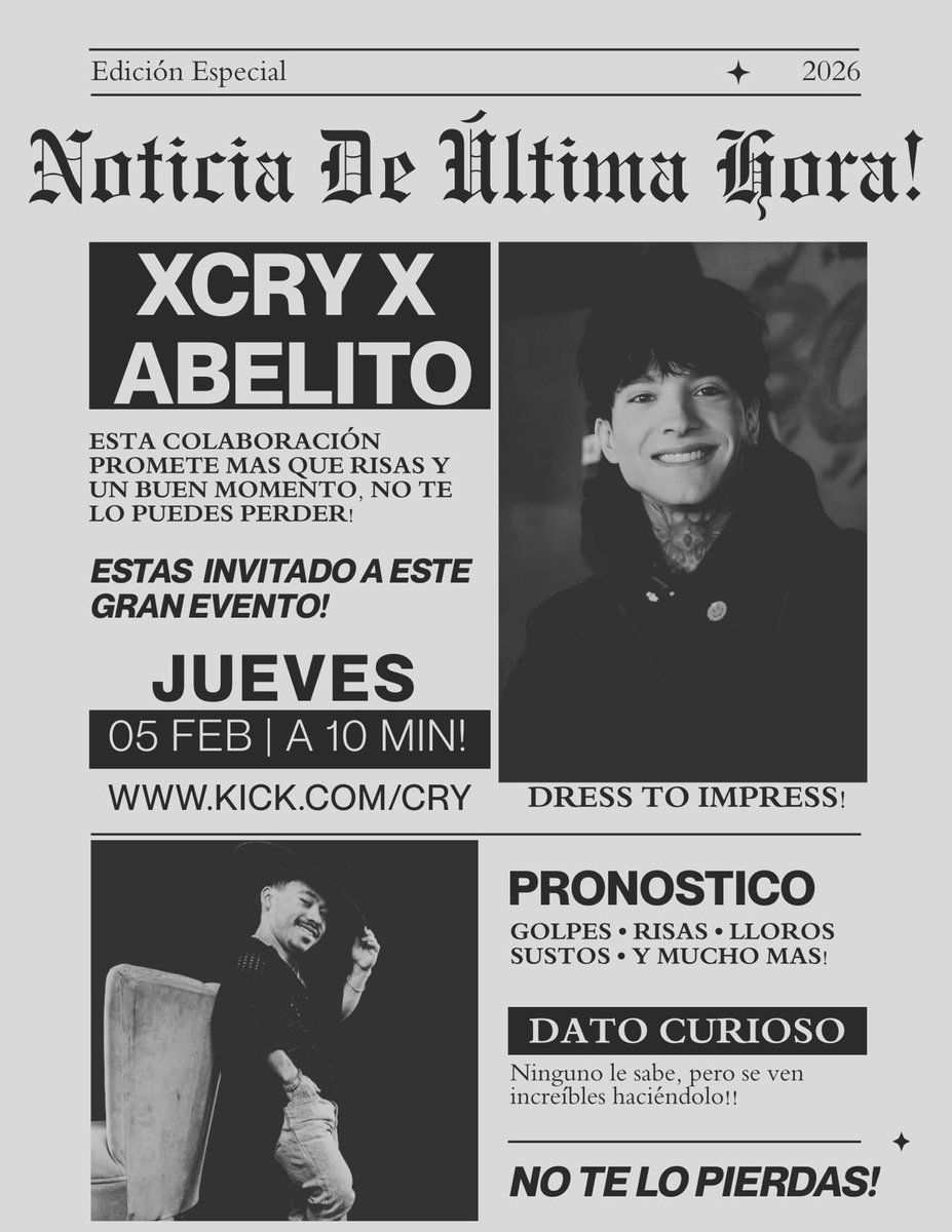 nosoykarlax's tweet photo. Se viene stream épico, con un invitado de LU-JO! 
No sé lo pierdan!!! https://t.co/dwBMTsjEl4
 
XCRY X ABELITO https://t.co/7jwifRsfEw