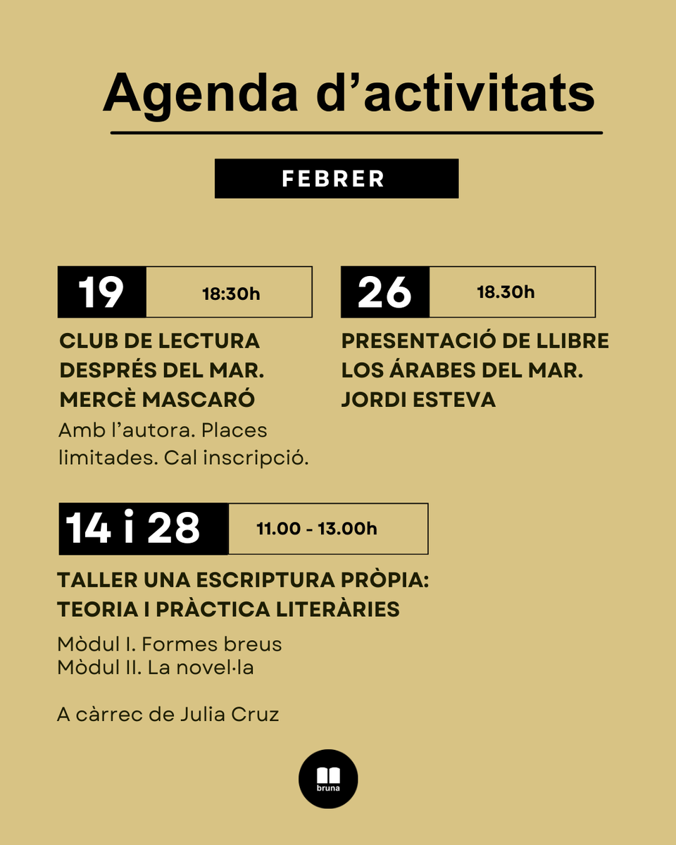 LlibreriaBruna's tweet photo. No et perdis l’agenda de febrer!

Informació i inscripcions a llibreriabruna@gmail.com - 623964171

Us hi esperem!

#llibreriabruna #altafulla #agenda #febrer https://t.co/pnFuMLSD0r